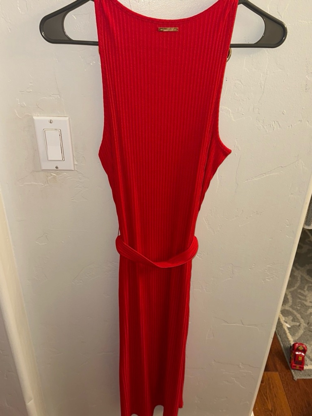 Michael Kors Red Ribbed Maxi Dress with Waist Tie